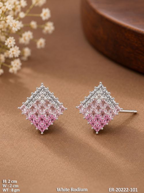 Stone-Studded Stud Earrings in White Finish in Pink, photo 2 of 4