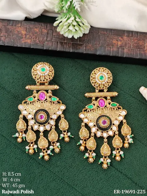 Heritage Stone-Studded Long Drop Earrings in Rajwadi Finish