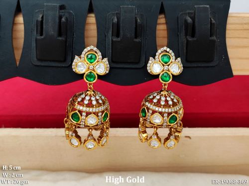 Kundan Stone-Studded Jhumka Earrings in Green, photo 3 of 5