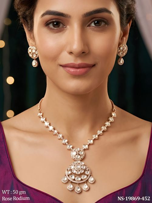 Stone-Studded Jewellery Set in Rose Finish