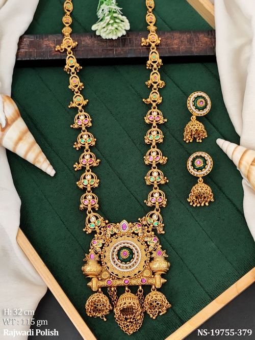 Traditional Stone-Studded Necklace Set with Earrings in Rajwadi Finish, photo 2 of 3