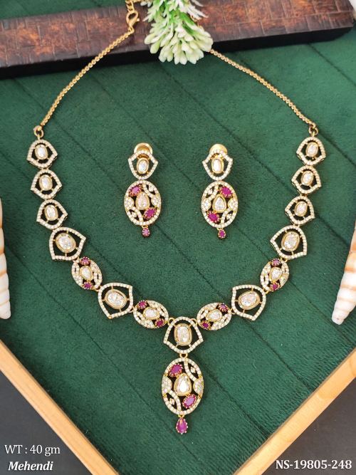 Mehendi Finish Kundan Stone-Studded Jewellery Set for Women