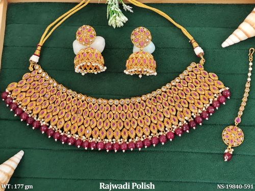 Necklace Set with Earrings with Stone Work in Rajwadi Finish in Ruby, photo 4 of 7