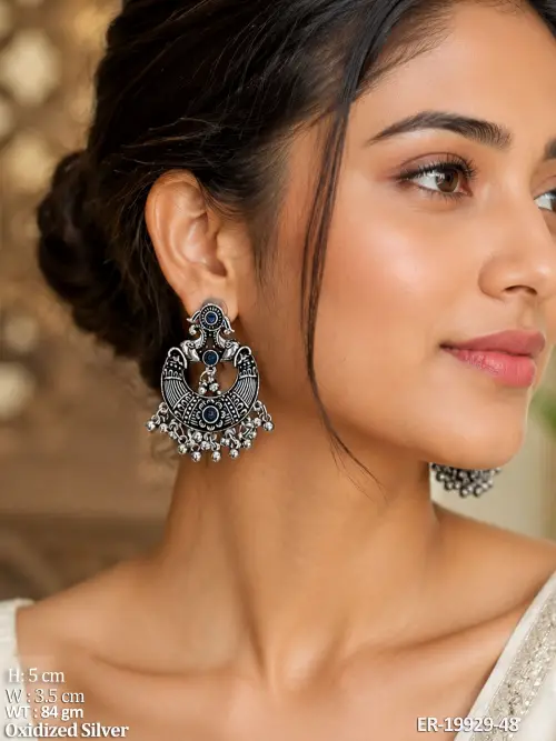Oxidised Finish Stone-Studded Chandbali Earrings for Women Set of 3