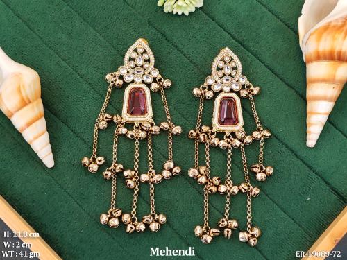 Long Stone-Studded Chain Earrings with Small Bells in Mehendi Finish in Purple, photo 5 of 12