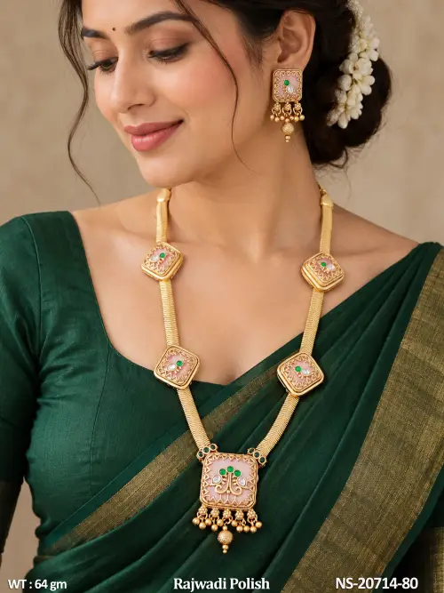 Classic Stone-Studded Necklace Set with Earrings in Rajwadi Finish