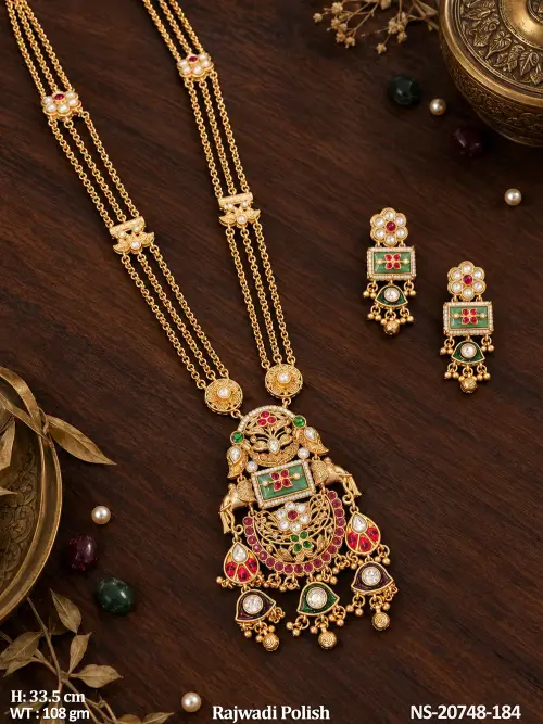 Long Antique Jewellery Set with Stone Work in Rajwadi Finish in Green, photo 2 of 4