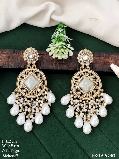 Pearl Drop Earrings in Mehendi Finish