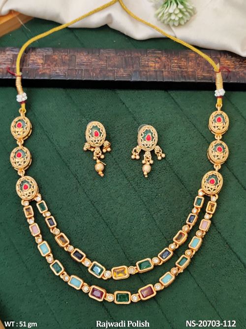 Classic Two Row Necklace Set in Rajwadi Finish for Women in Multi, photo 2 of 3