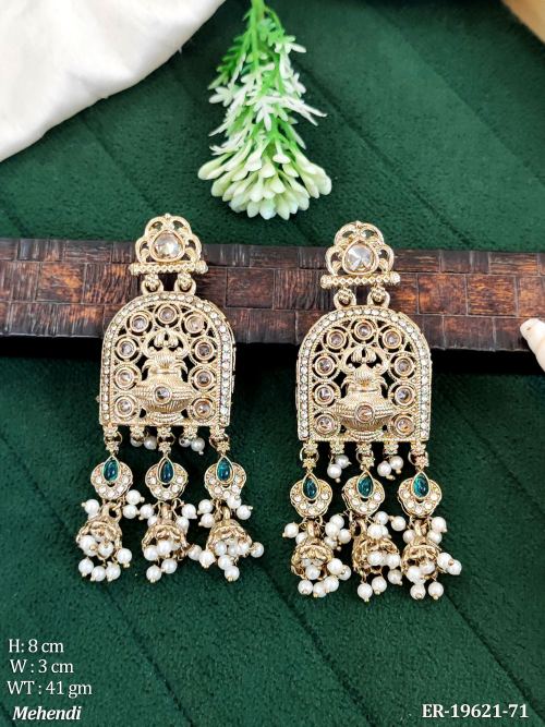 Traditional Stone-Studded Jhumka Earrings in Mehendi Finish in Rama Green, photo 4 of 14