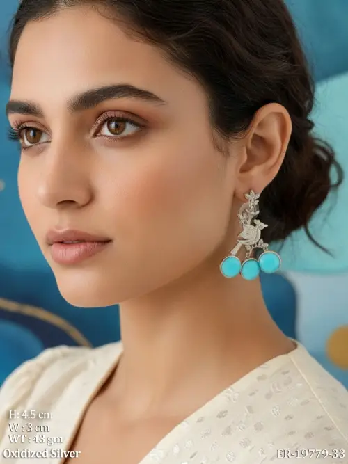 Bird Motif Party Wear Earrings in Oxidised Finish for Women