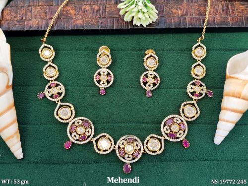AD Necklace Set in Mehendi Finish
