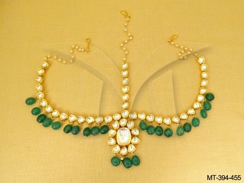 Stone-Studded Kundan Maang Tikka with Green Bead Drops