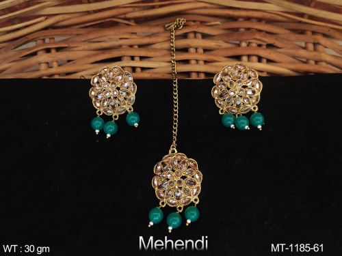 Mehendi Polish Fancy Design Clustered Pearl Party wear Beautiful Antique Maang Tikka with Earring 
