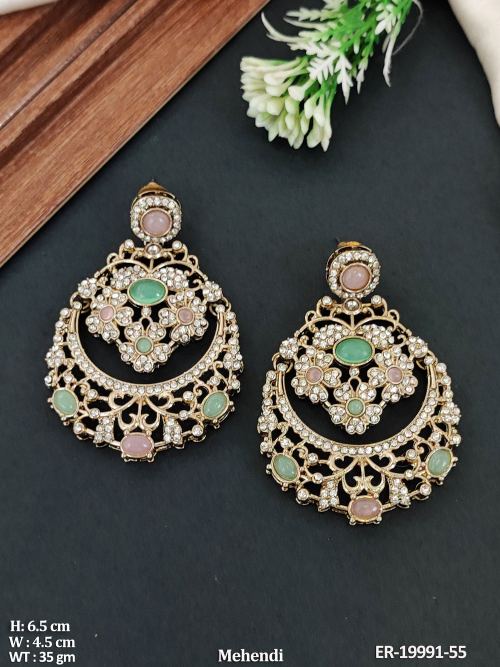 Mehendi Finish Stone-Studded Chandbali Earrings in Mint Green Pink, photo 7 of 8
