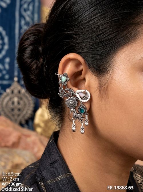 Stone-Studded Floral Vine Ear Cuff Earrings Set of 3