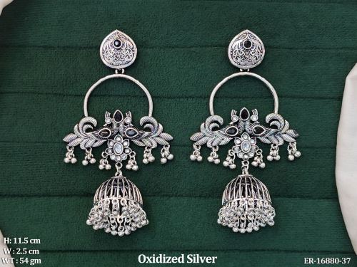 Oxidised Finish Stone-Studded Jhumka Earrings for Women