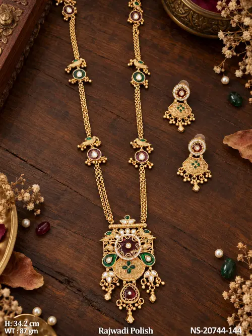 Antique Necklace Set with Earrings with Stone Work in Rajwadi Finish in Ruby, photo 2 of 3