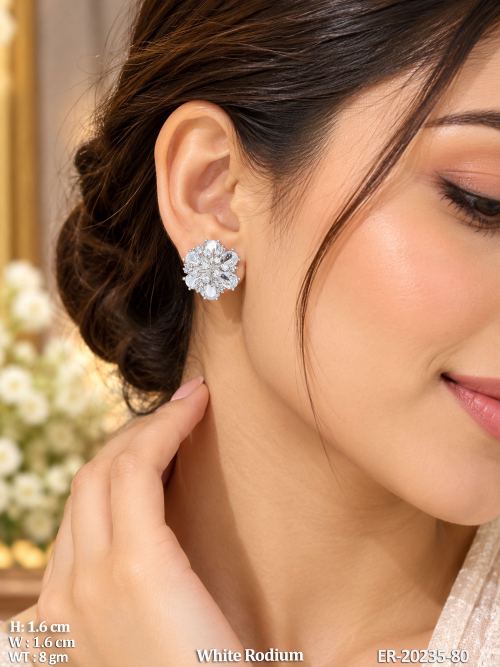 AD Floral Stud Earrings in White Finish