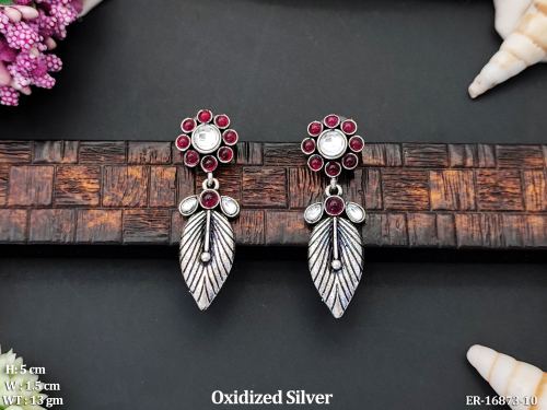 Party Wear Leaf Drop Earrings in Oxidised Finish in Ruby, photo 4 of 7