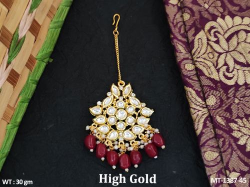 Classic Party Wear Kundan Tikka with Pearls in Ruby, photo 5 of 7