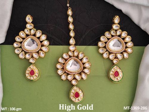 Kundan Stones Party wear Beautiful High Gold Polish Kundan Maang Tikka with Earring