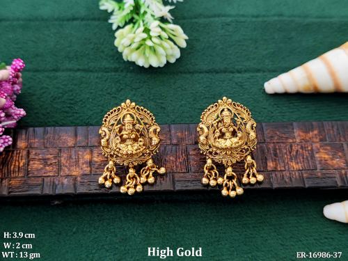 Stone-Studded Temple Earrings for Women in Golden, photo 4 of 4