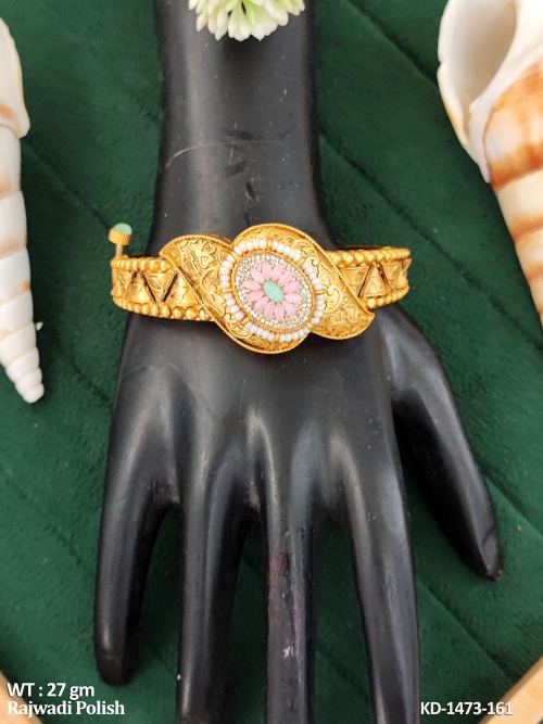 Stone-Studded Antique Kada for Women in Mint Green Pink, photo 4 of 4