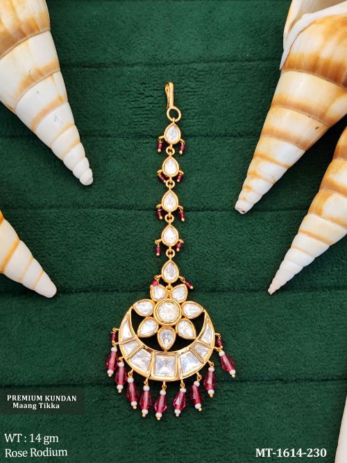 Stone-Studded Floral Maang Tikka in Rose Finish in Ruby, photo 4 of 6