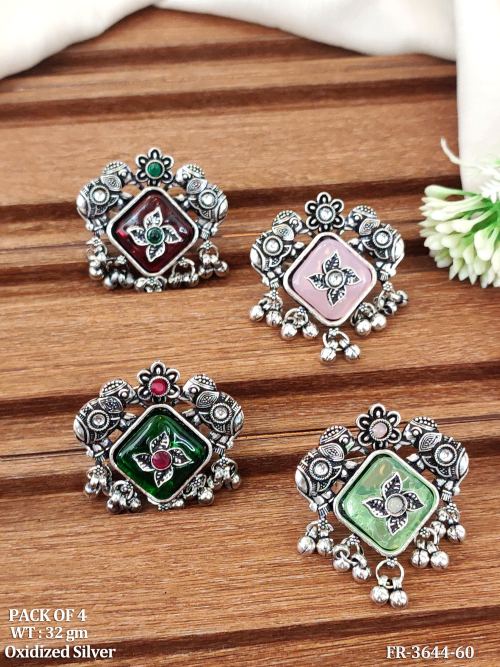 Vintage Oxidized Square Finger Rings with Floral Charm Details