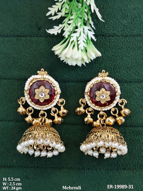 Pearl Jhumka Earrings in Mehendi Finish in Ruby, photo 2 of 7