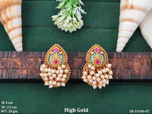 Stone-Studded Temple Drop Earrings for Women in Mint Green Pearl, photo 2 of 3