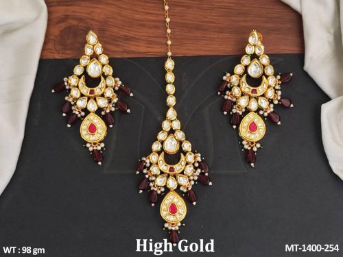High Gold Polish Kundan Stones Party wear Kundan Jewellery Kundan Maang Tikka with Earrring
