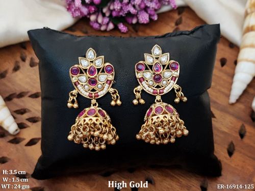 Stone-Studded Antique Jhumkas for Women in Ruby, photo 2 of 5