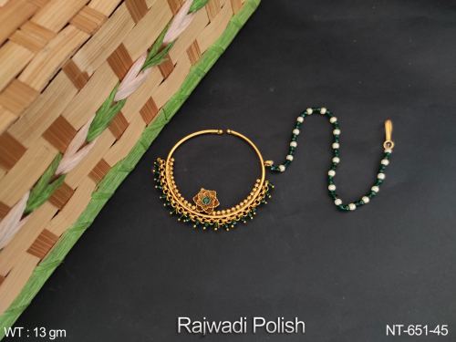 South Indian Nath with Pearls in Rajwadi Finish in Green, photo 2 of 4