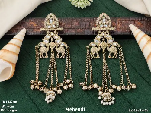 Long Earrings with Stone Work in Mehendi Finish