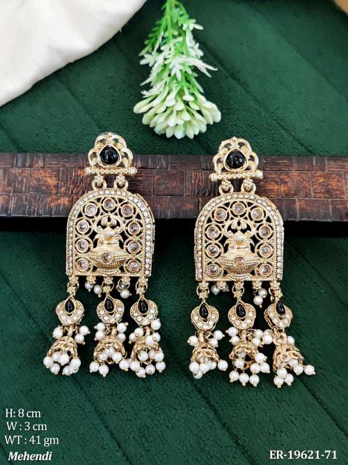 Traditional Stone-Studded Jhumka Earrings in Mehendi Finish in Black, photo 2 of 14