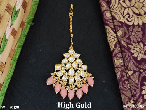 Classic Kundan Stone-Studded Tikka in Peach, photo 6 of 7