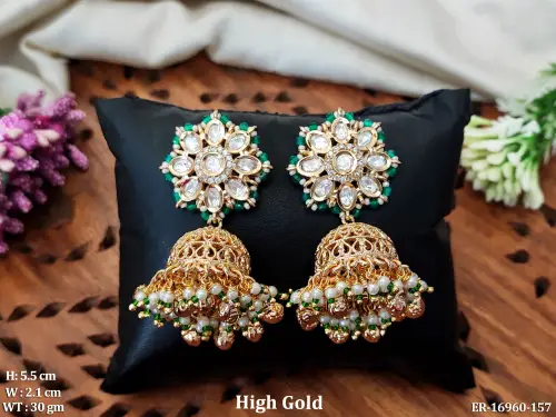 Antique Stone-Studded Jhumka Earrings with Floral Top