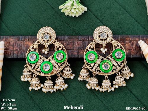 Antique Stone-Studded Jhumka Earrings in Mehendi Finish in Green, photo 5 of 9