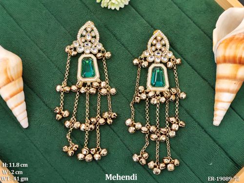 Long Stone-Studded Chain Earrings with Small Bells in Mehendi Finish in Rama Green, photo 3 of 12