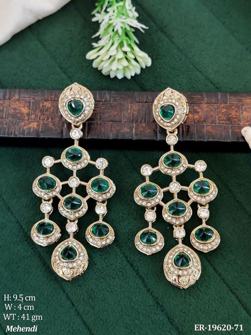 Long Antique Earrings with Stone Work in Mehendi Finish in Green, photo 6 of 9