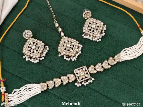 Antique Stone-Studded Necklace Set with Earrings in Mehendi Finish