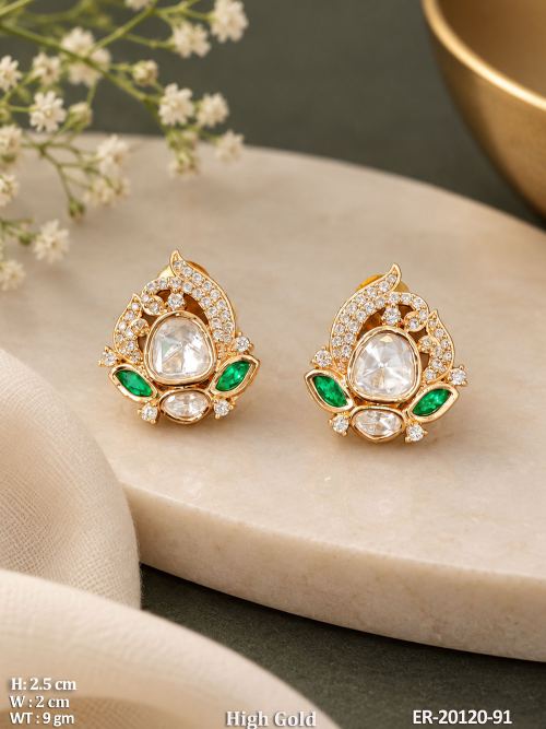 Kundan Stud Earrings with Crystals in Green, photo 3 of 6