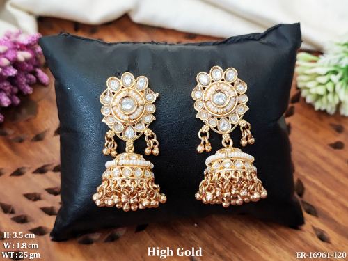 Party Wear Antique Stone-Studded Jhumka Earrings in White, photo 4 of 5