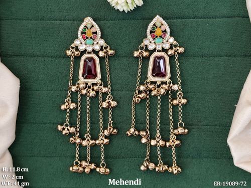 Long Stone-Studded Chain Earrings with Small Bells in Mehendi Finish
