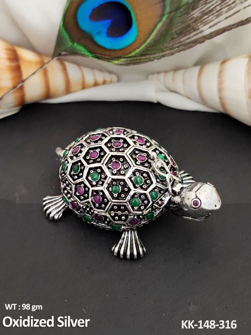 Tortoise Stone-Studded Sindoor Box in Oxidised Finish