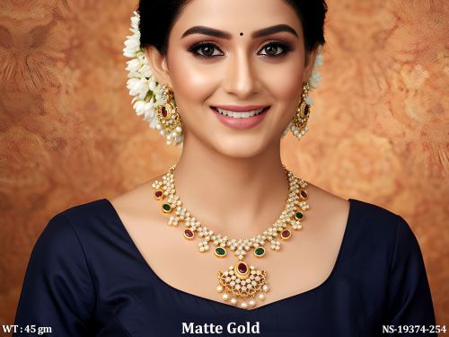 Matte Finish Temple Stone-Studded Necklace Set for Women