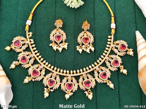 Stone-Studded Heart Necklace Set in Matte Finish in Ruby, photo 3 of 4