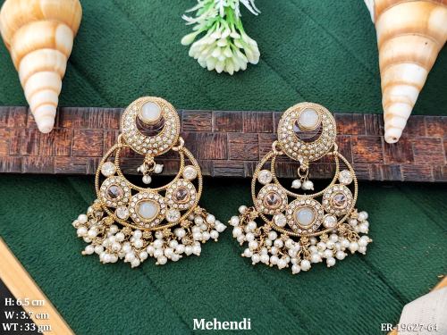 Pearl Chandbali Earrings in Mehendi Finish in White, photo 5 of 8